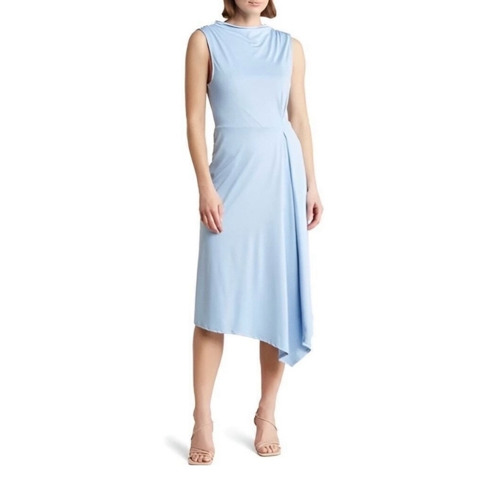 Navy High Neck Draped Asymmetrical Midi Dress Elegant Minimalist Cocktail Jersey